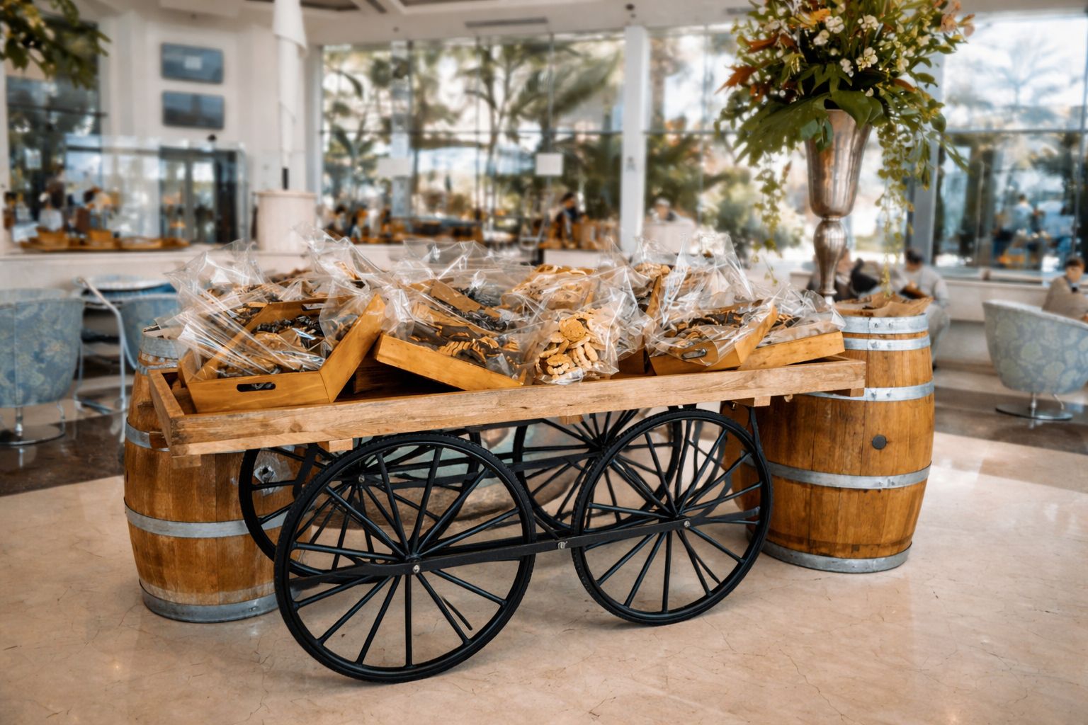 דוכן תצוגה בסגנון עגלת סוס כפרי לתצוגת מוצרים דוכן תצוגה בסגנון עגלת סוס כפרי לתצוגת מוצרים