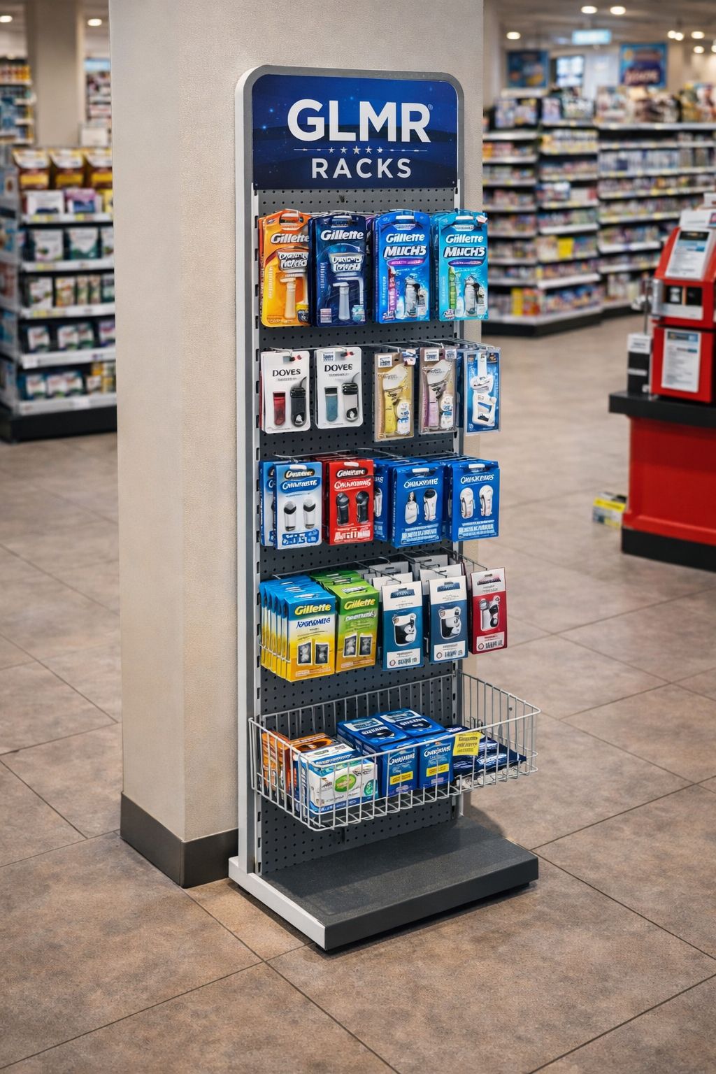 מתקן תצוגה עם לוח תלייה ומדף תחתון להצגת מוצרים קטנים בסופרמרקט מתקן תצוגה עם לוח תלייה ומדף תחתון להצגת מוצרים קטנים בסופרמרקט