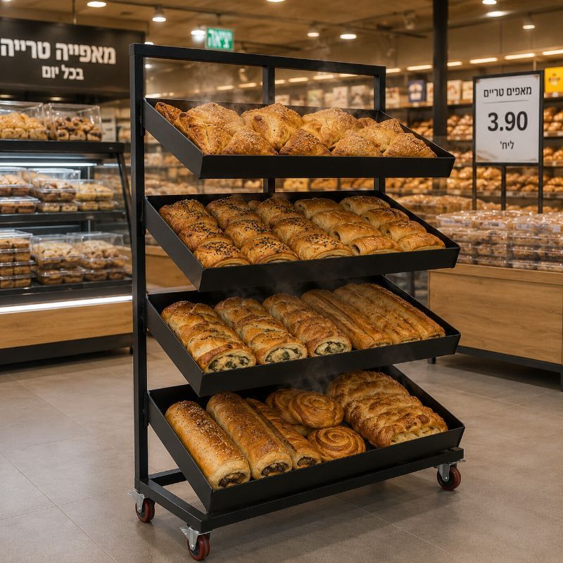מתקן תצוגה למאפים ובורקסים עם 4 מדפים משופעים פתוחים מתקן תצוגה למאפים ובורקסים עם 4 מדפים משופעים פתוחים