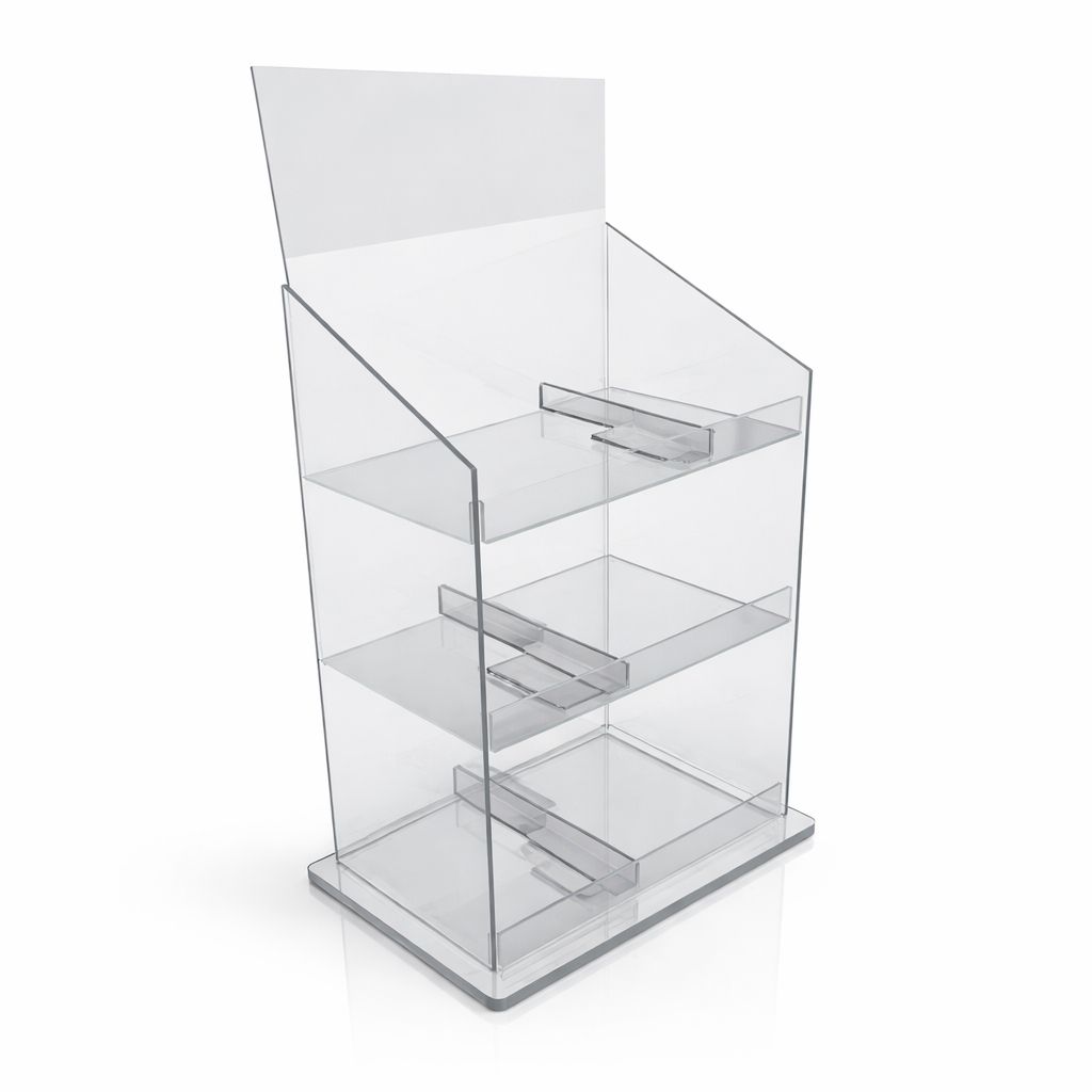 מעמד פרספקס אלגנטי למכירות קו קופה, בנוי משלוש קומות עם מחיצות מתכווננות לכל מדף בעזרת חוצץ דינמי. כולל דר עליון לשילוט מובנה להצגת מסרים ומיתוג. מתאים לתצוגה יעילה ואסתטית בנקודות מכירה. מעמד פרספקס אלגנטי למכירות קו קופה, בנוי משלוש קומות עם מחיצות מתכווננות לכל מדף בעזרת חוצץ דינמי. כולל דר עליון לשילוט מובנה להצגת מסרים ומיתוג. מתאים לתצוגה יעילה ואסתטית בנקודות מכירה.