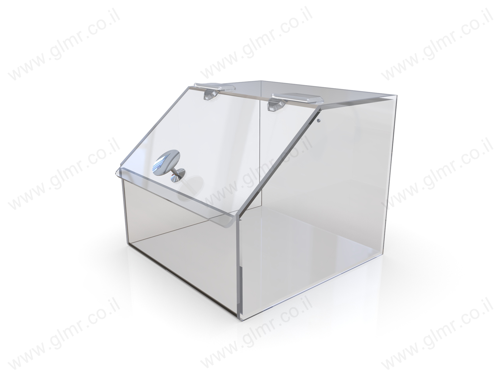 קופסת פרספקס שקופה וגדולה של GLMR לתצוגת ממתקים עם מכסה עליון וידית כסופה בגימור מט קופסת פרספקס שקופה וגדולה של GLMR לתצוגת ממתקים עם מכסה עליון וידית כסופה בגימור מט