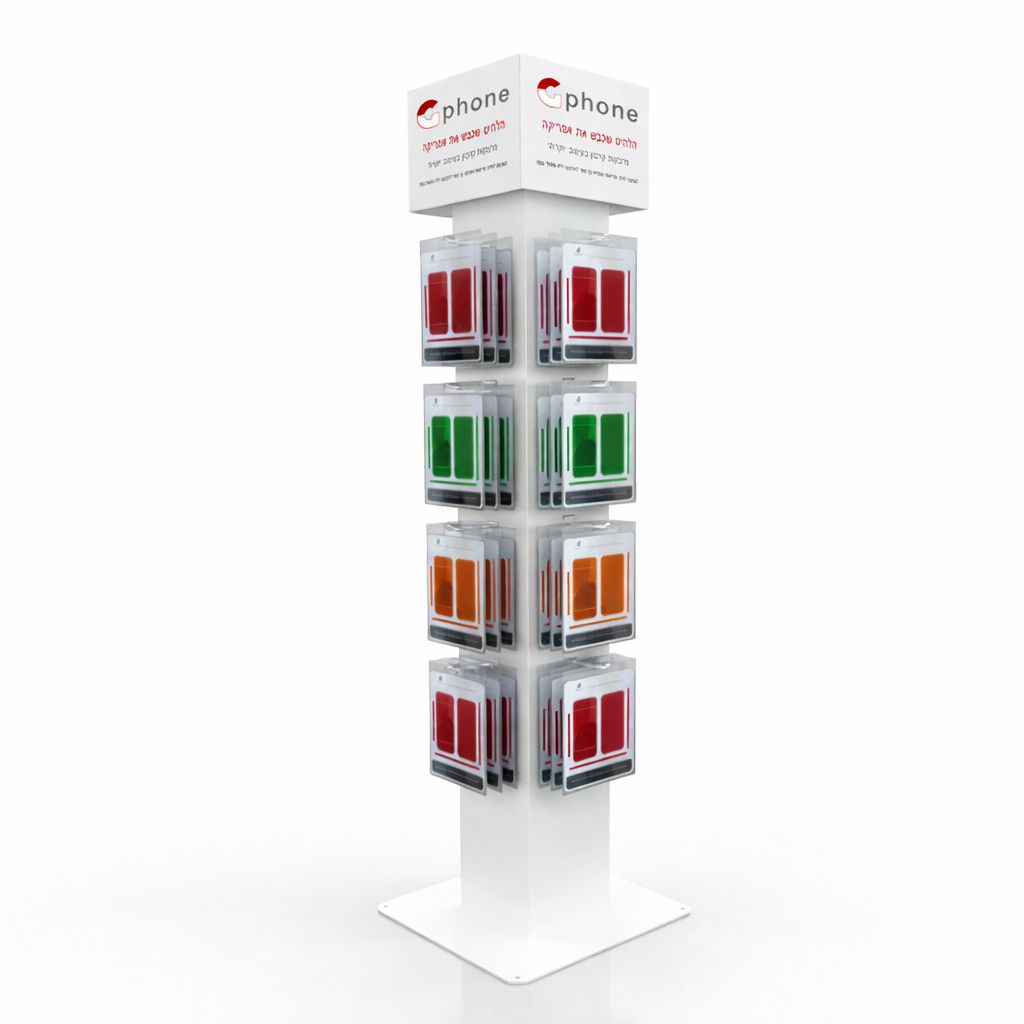 סטנד תצוגה רצפתי 4 צדדים עשוי עץ ומתכת עם מוצרים תלויים סטנד תצוגה רצפתי 4 צדדים עשוי עץ ומתכת עם מוצרים תלויים