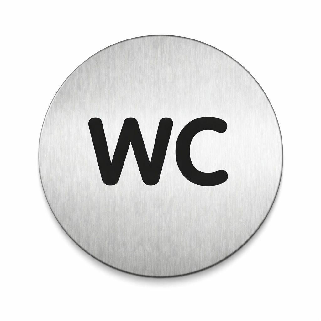 שלט שירותים WC מנירוסטה עגול בעיצוב מינימליסטי על רקע בהיר שלט שירותים WC מנירוסטה עגול בעיצוב מינימליסטי על רקע בהיר
