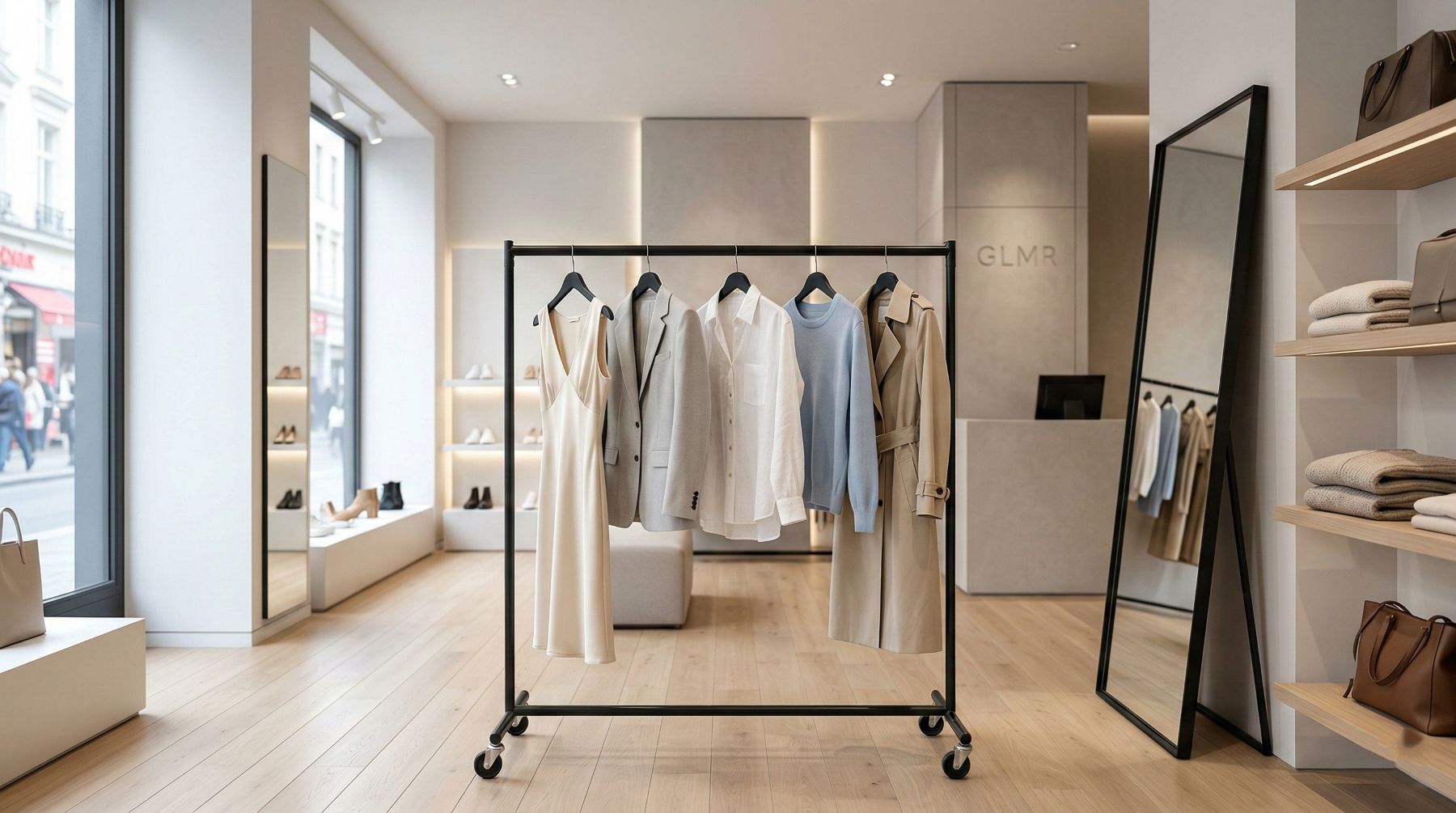 חנות בגדים מודרנית עם מתלה בגדים שחור