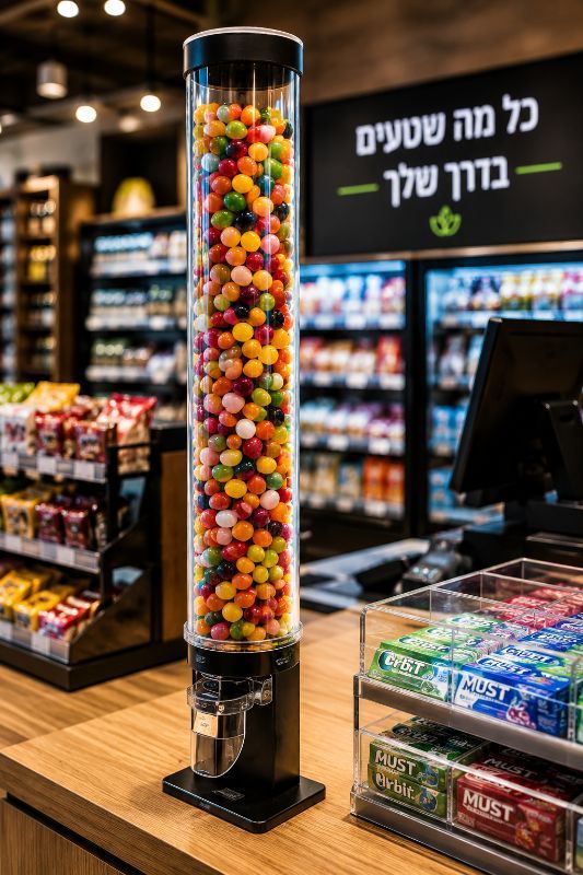 דיספנסר צינור אקרילי Tube Dispenser ורטיקלי לתצוגת ממתקים בקו הקופה של קיוסק