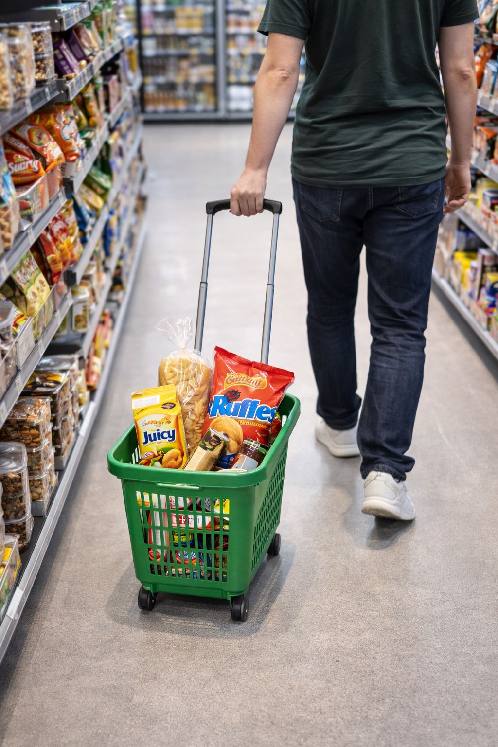 לקוח גורר סל קניות פלסטיק עם ידית טלסקופית במעבר צר בחנות נוחות