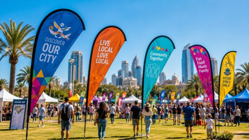 דגלי פרסום מסוגים שונים בתערוכה: דגל נוצה, דגל טיפה ודגל זווית עם מיתוג עסקי