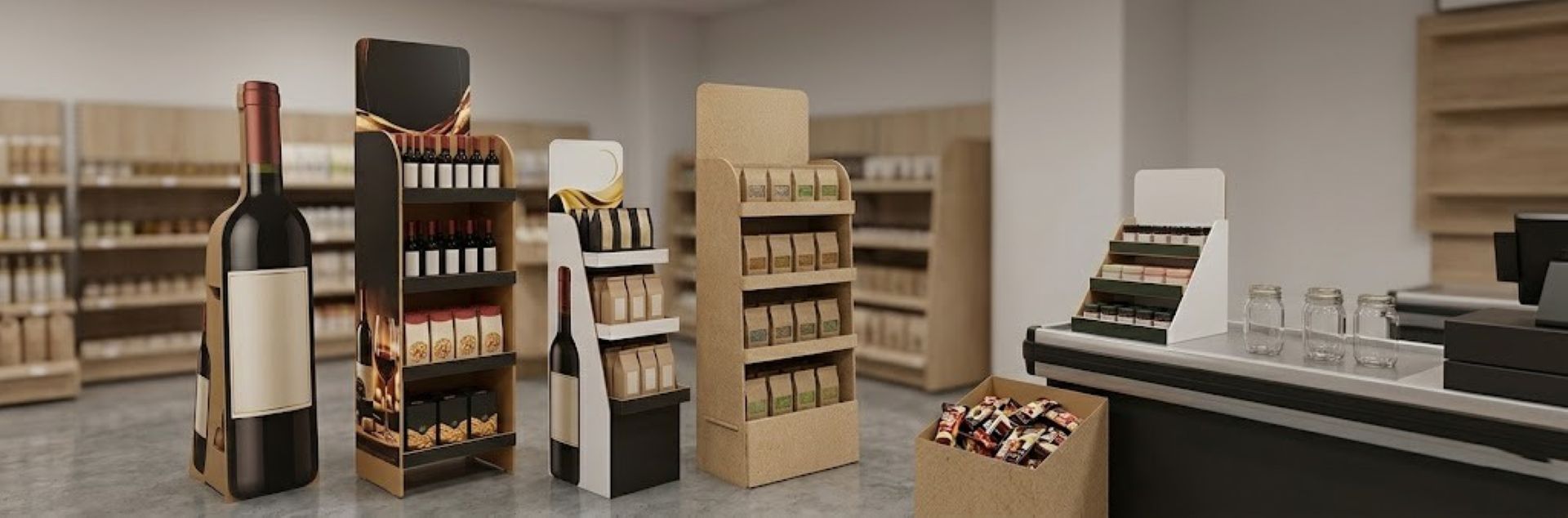 סטנדים מקרטון ממותגים — מתקני תצוגה לנקודות מכירה, קופה ורצפה