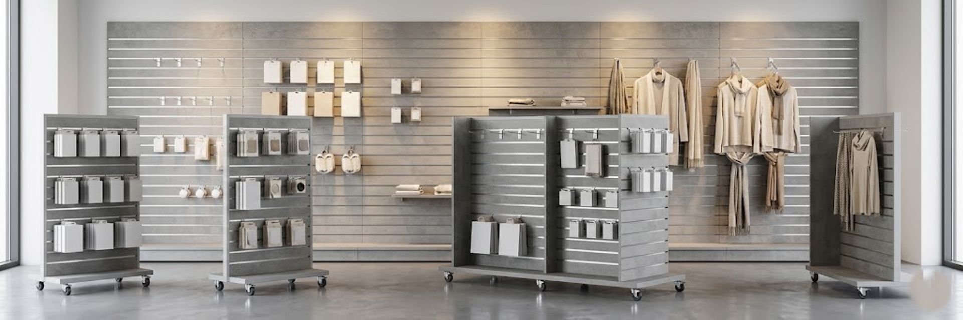 פלטות מחורצות Slatwall — קיר חריצים לחנויות בגדים, אופטיקה ופארם